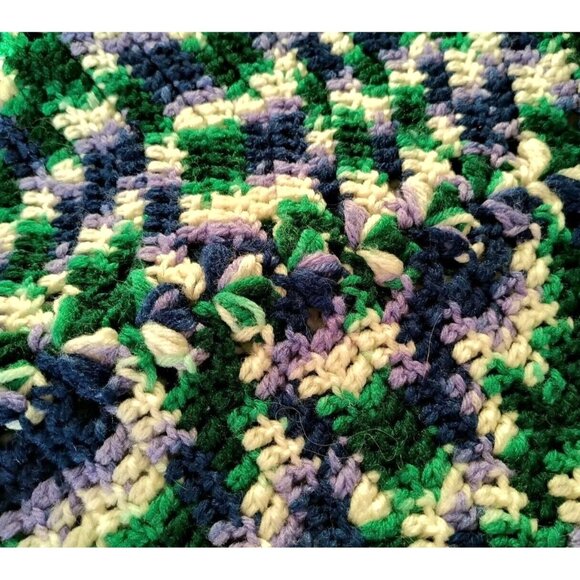 Afghan Blanket Heathered Green Blue Purple and White w/ Tassels, EUC - Picture 4 of 10